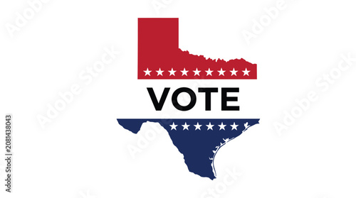 Texas state map silhouette featuring a patriotic red white and blue design with vote text