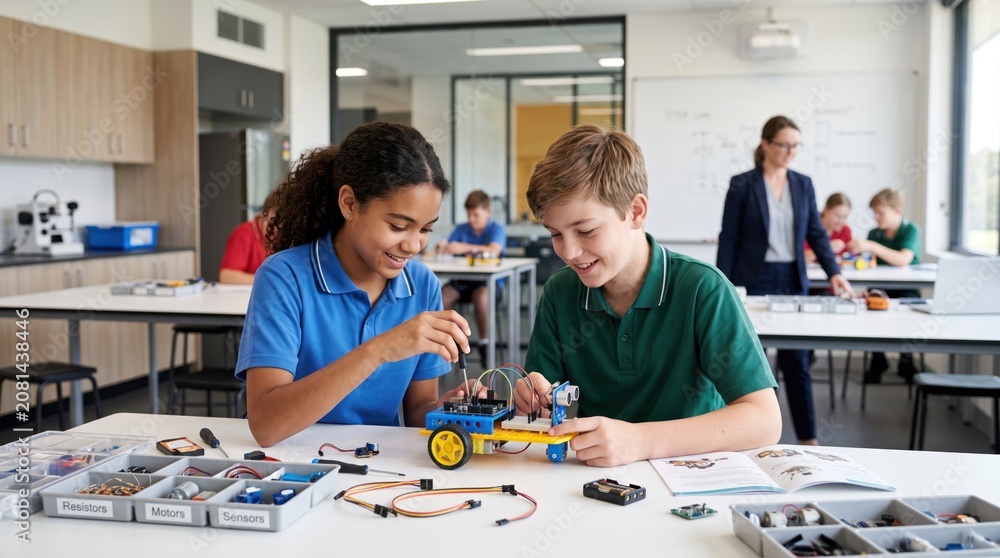 Fototapeta premium STEM Education in Action: Two young students, a girl and a boy, collaborate on a robotics project in a modern classroom setting, surrounded by the tools of learning and discovery.