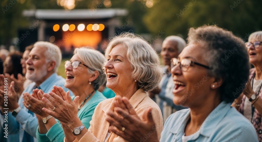 Obraz premium Seniors enjoying outdoor concert with joyful expressions and applause during lively performance. Seniors showcasing engagement and happiness in community event.
