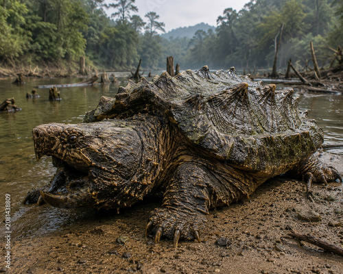Prehistoric Giant Turtle on Ancient Riverbank in Primeval Wilderness