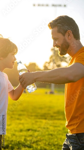 A man in an orange shirt helps a boy with something in a field