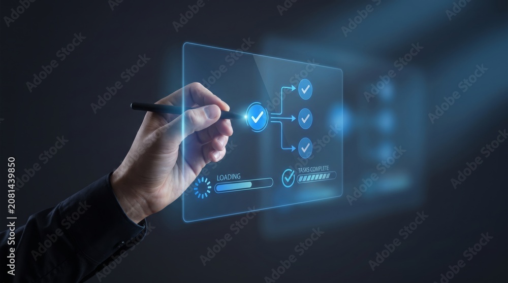 Obraz premium Project manager using stylus to distribute and check tasks on virtual digital workflow interface