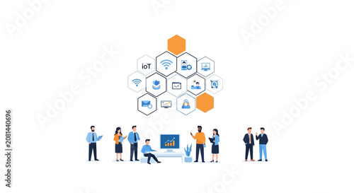 Business Professionals Collaborating on Digital Technology and Internet of Things Strategy Illustration.