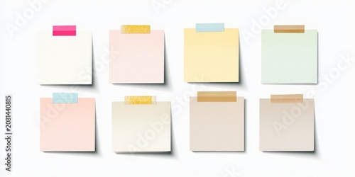 Set of eight colorful square sticky notes with various adhesive tapes isolated on white background
