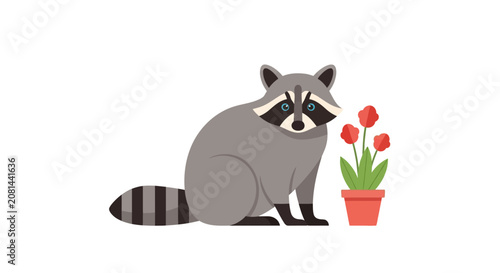 фотографія Raccoon sitting next to flower pot.