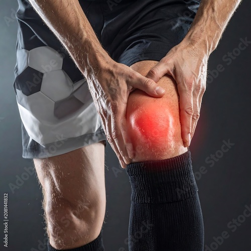 A man in athletic attire clutching his knee in pain with a red highlight