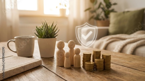 Family financial security and life insurance concept with wooden peg dolls alongside stacked gold coins and protective shield