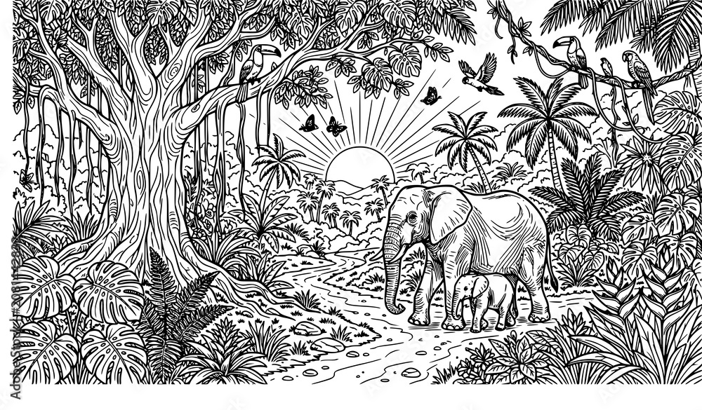 Fototapeta premium Jungle Wildlife Landscape Coloring Page Featuring Elephant Family in Tropical Rainforest with Banyan Tree Sunrise Birds and Monkeys Vector Illustration