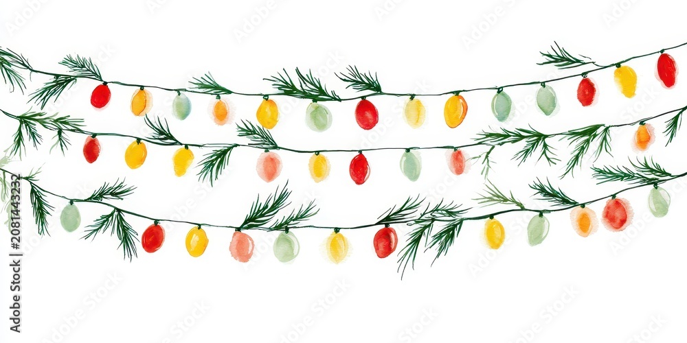 Fototapeta premium Watercolor christmas lights garland with pine branches isolated on white background