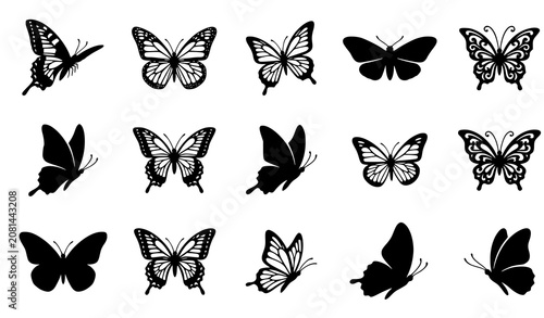 Ornate Butterfly Silhouette and Line Art Pattern Icon Set Featuring Monarch and Swallowtail Wing Styles for Elegant Nature Graphic Designs Vector Illustration
