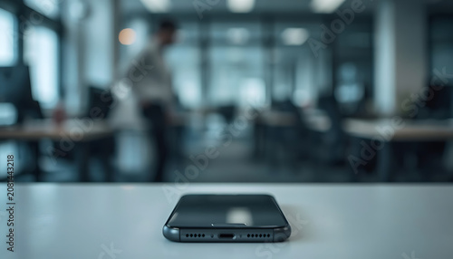Smartphone on White Desk in Blurred Modern Office, Businessman Walking in Background, Technology and Business Workplace Concept