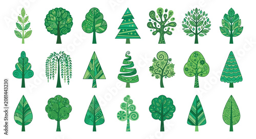 Bilde på lerret Variety of trees vector illustration with green tones on a white background tree