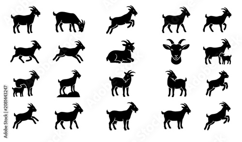 Canvastavla Domestic Goat and Wild Ram Silhouette Icon Set Pack Featuring Various Poses of H