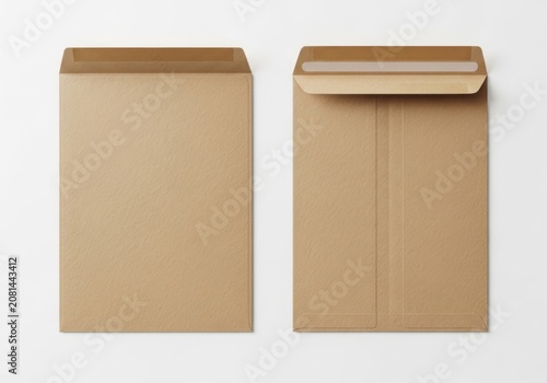 Front and back view of a blank kraft paper envelope isolated on white background
