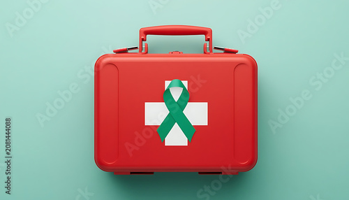 Red First Aid Kit with Green Awareness Ribbon on Mint Background, Medical Emergency and Health Awareness Concept