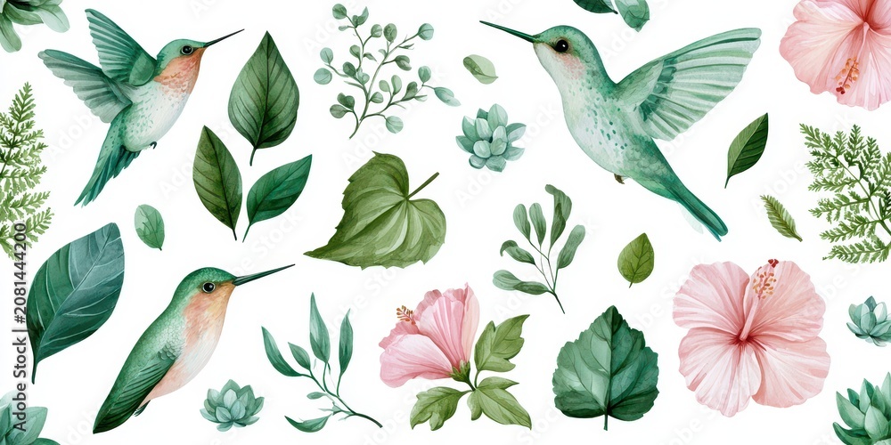 Fototapeta premium Watercolor set of hummingbirds, tropical leaves, and pink hibiscus flowers isolated on white background