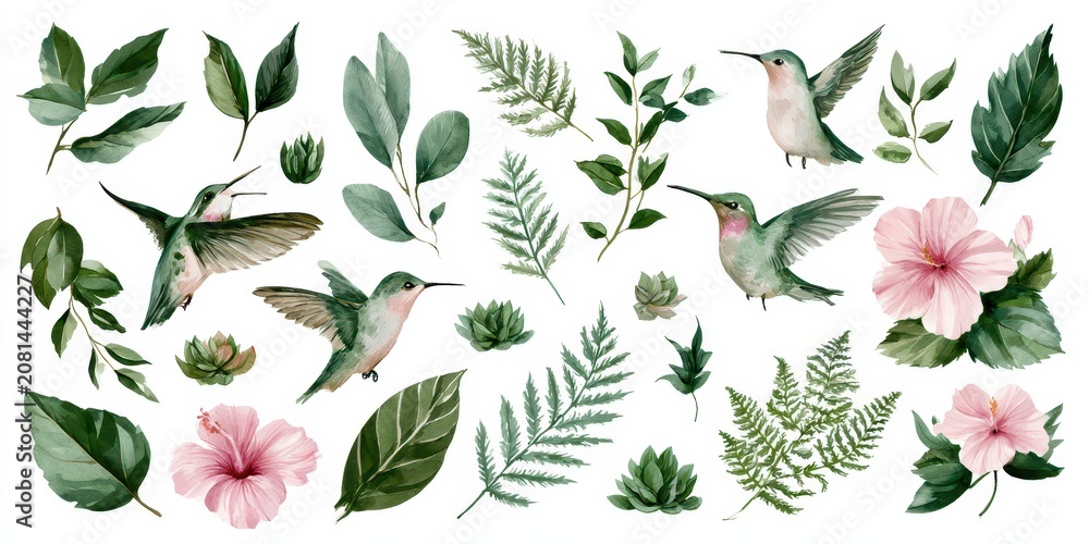 Fototapeta premium Watercolor collection of hummingbirds, tropical leaves, and pink hibiscus flowers isolated on white background