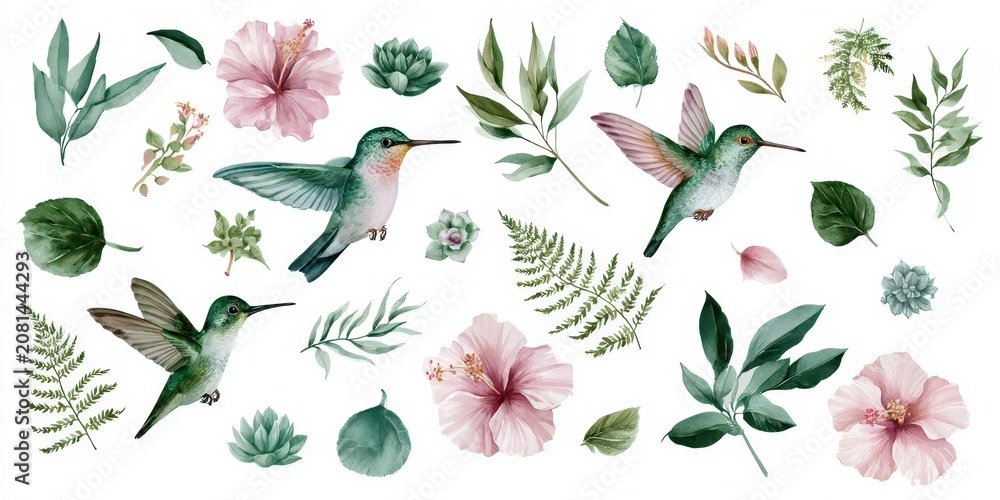 Fototapeta premium Watercolor set of hummingbirds, tropical hibiscus flowers, green leaves, and succulents isolated on white background