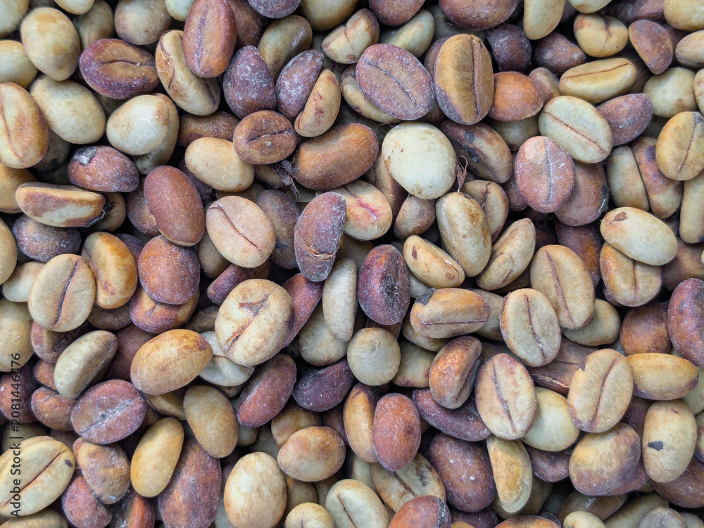 Obraz premium Raw, unroasted coffee beans, showing a mix of green, yellow, and light brown colors, in a dense texture overhead shot. A natural agricultural product.