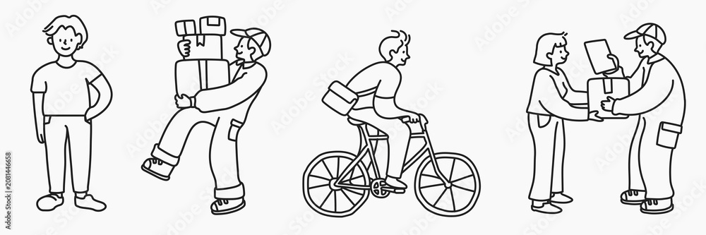 Fototapeta premium Vector of diverse people in various activities: standing, carrying boxes, cycling, interacting.