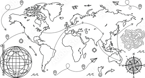 Canvastavla World Map Geography and Global Travel Line Art Icon Set with Compass Rose, Earth
