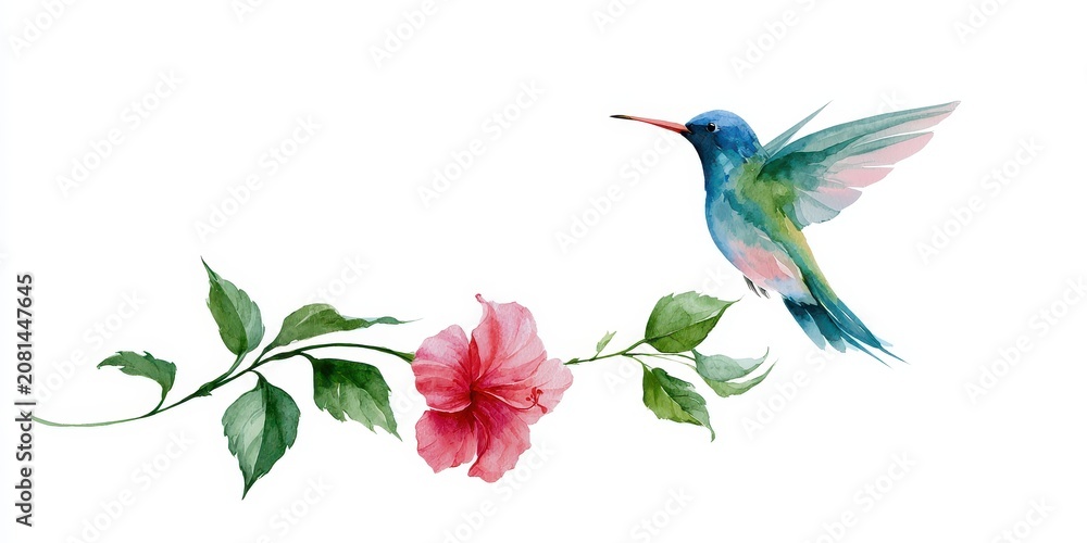 Fototapeta premium Watercolor illustration of a hummingbird flying near a pink hibiscus flower isolated on white background
