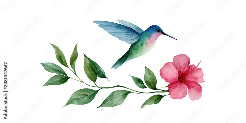 Fototapeta premium Watercolor illustration of a hummingbird flying towards a pink hibiscus flower with green leaves, isolated on white background
