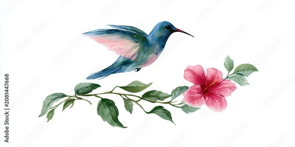 Fototapeta premium Watercolor painting of a hummingbird hovering over a pink hibiscus flower isolated on white background