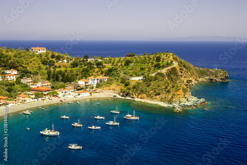 Φωτογραφία A scenic view of a coastal village with white buildings and red roofs, nestled on a green hillside overlooking a calm blue sea dotted with several boats