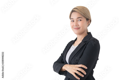 Smiling young Thai businesswoman with crossed arms, looking confidently at camera on white background.