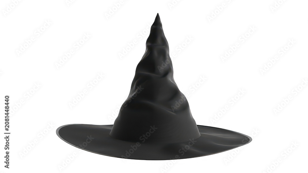 Fototapeta premium A pointed black witch hat featuring a creased fabric texture and a wide brim, isolated on a transparent background, for holiday