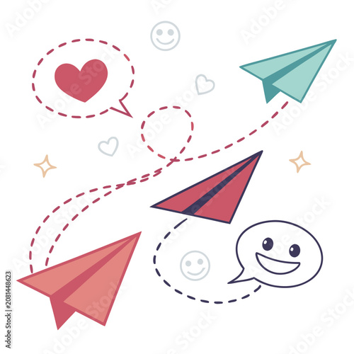 Paper airplanes flying with love heart and happy smiley speech bubbles airplane communication illustration creative cheerful connection emoticon