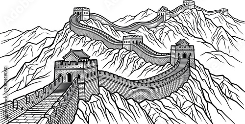 Great Wall of China Vector Illustration Featuring Black Line Art of Historical Asian Landmark and Mountain Watchtowers for Heritage Tourism and Travel Graphic DesignsGreat Wall of China Vector Illustr