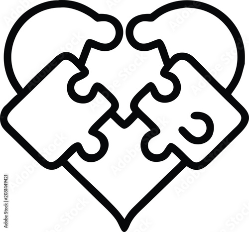 Love heart shape puzzle pieces simple black line icon with connection relationship minimalist valentines marriage partnership abstract emotional