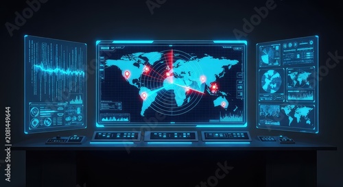 A high-tech control center features a glowing radar screen and digital maps displaying strategic data for advanced global defense monitoring, monitor, electronic, screen