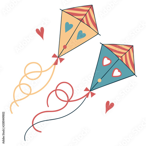 Two colorful kites with heart designs flying in the sky whimsical vector illustration for romantic greeting cards or children concepts colorful romantic