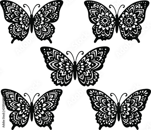 Mandala Butterfly Silhouette Set, Ornate Ornamental Insect Vector Elements for Craft and Tattoo Design