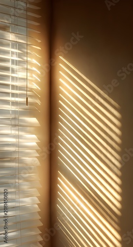 Warm sunlight streaming through window blinds casting shadow lines on the wall.