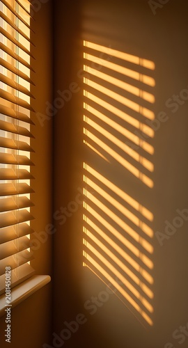 Abstract minimalist background of morning sunshine and venetian blinds shadow on beige wall.
