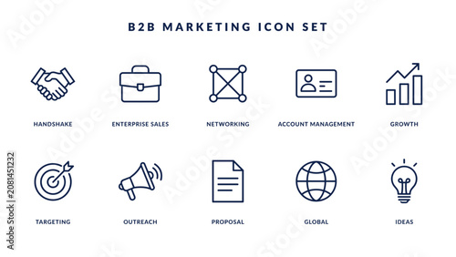 B2B marketing icon sheet on white background – Perfect for corporate sales collateral, networking presentations, or digital agency websites.