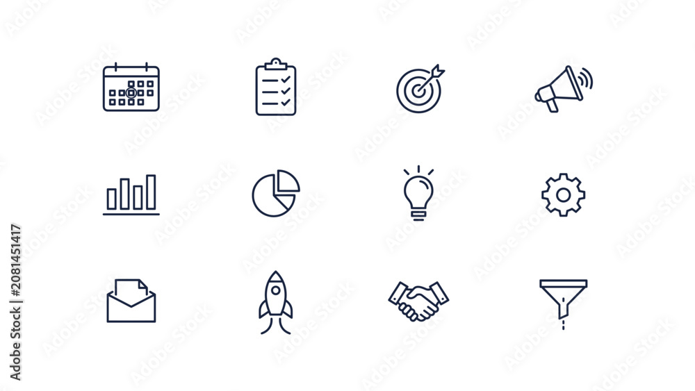 Fototapeta premium Campaign management workflow planning icons – Suitable for marketing calendar reviews, business project trackers, or operational reports.