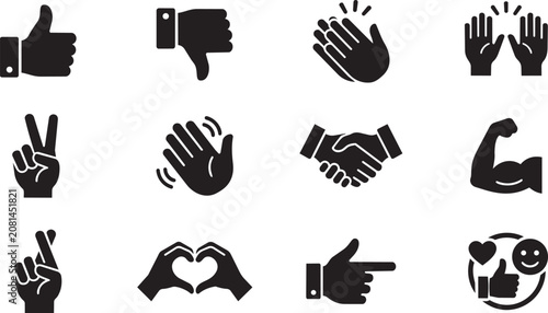 Fotografi Hand gesture icons, thumb up down, hand signs, emotive gestures, 12 black vector