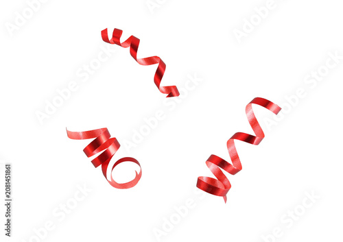 Red serpentine streamers close up isolated png cutout object on transparent background. Christmas, New Year, holiday, party, design decor elements.
