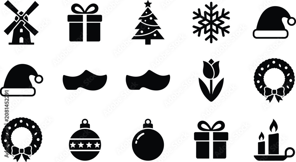 Naklejka premium Netherlands winter holiday collection Dutch culture windmill wooden shoes tulip and Christmas celebration elements icons set vector
