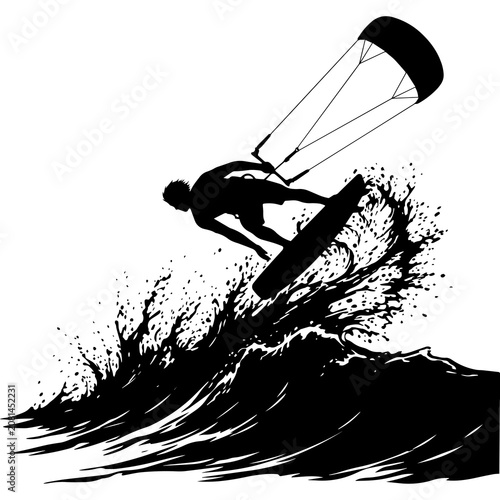 Bild auf Leinwand Black silhouette of a person kitesurfing on a large ocean wave with a kite in th