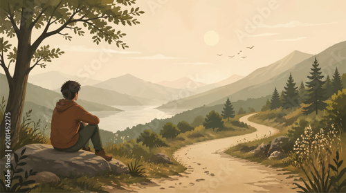 Photos Young Person Sitting on Rock Overlooking Serene Mountain Valley and Winding Road