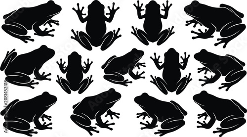 Tropical tree frog collection amphibian wildlife exotic pond animal nature toad swamp fauna black silhouettes icons set vector
