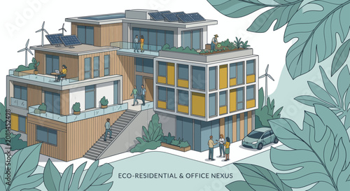 Sustainable Modern Architecture Complex Featuring Renewable Energy Systems and Communal Green Living Spaces
