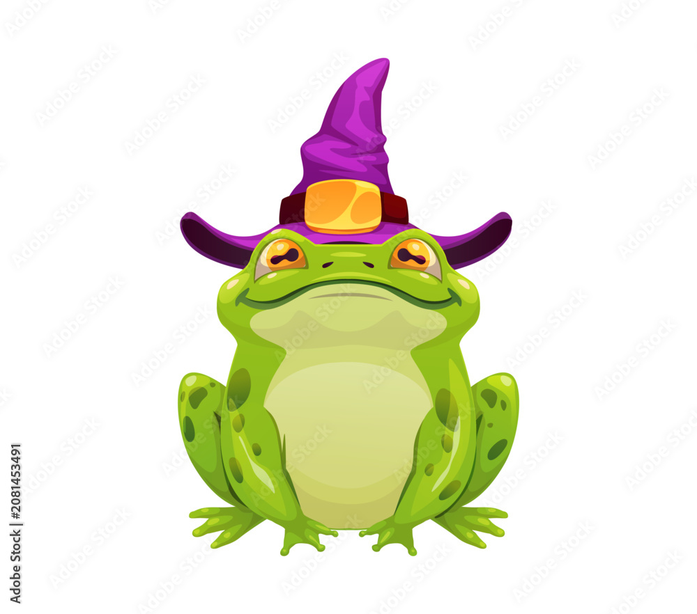 Fototapeta premium Halloween monster character of toad frog in witch hat, cartoon vector game Halloween witch animal green toad in wizard purple hat under magic spell for witchcraft mystery game asset personage