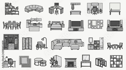 фотографія Minimalist Black and White Line Drawing Icons Set of Various Home and Office Fur